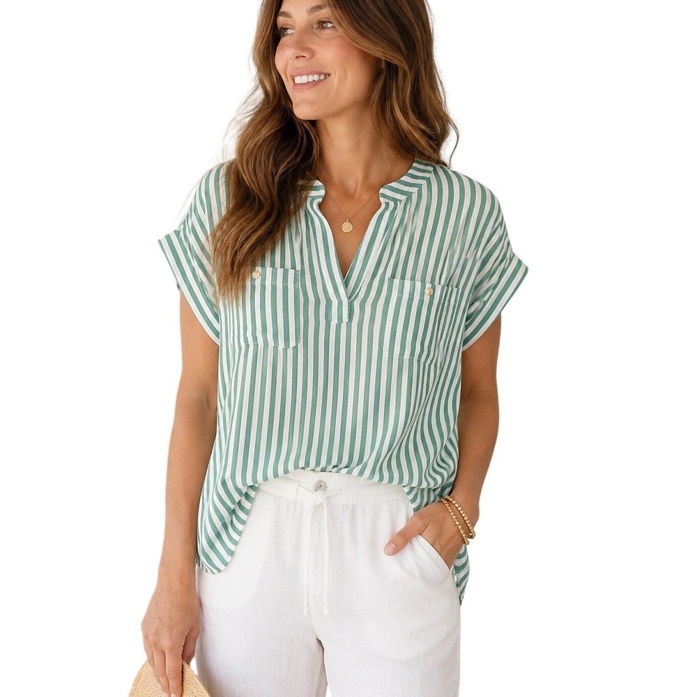 Jones New York Signature Green White Stripe Blouse Large
